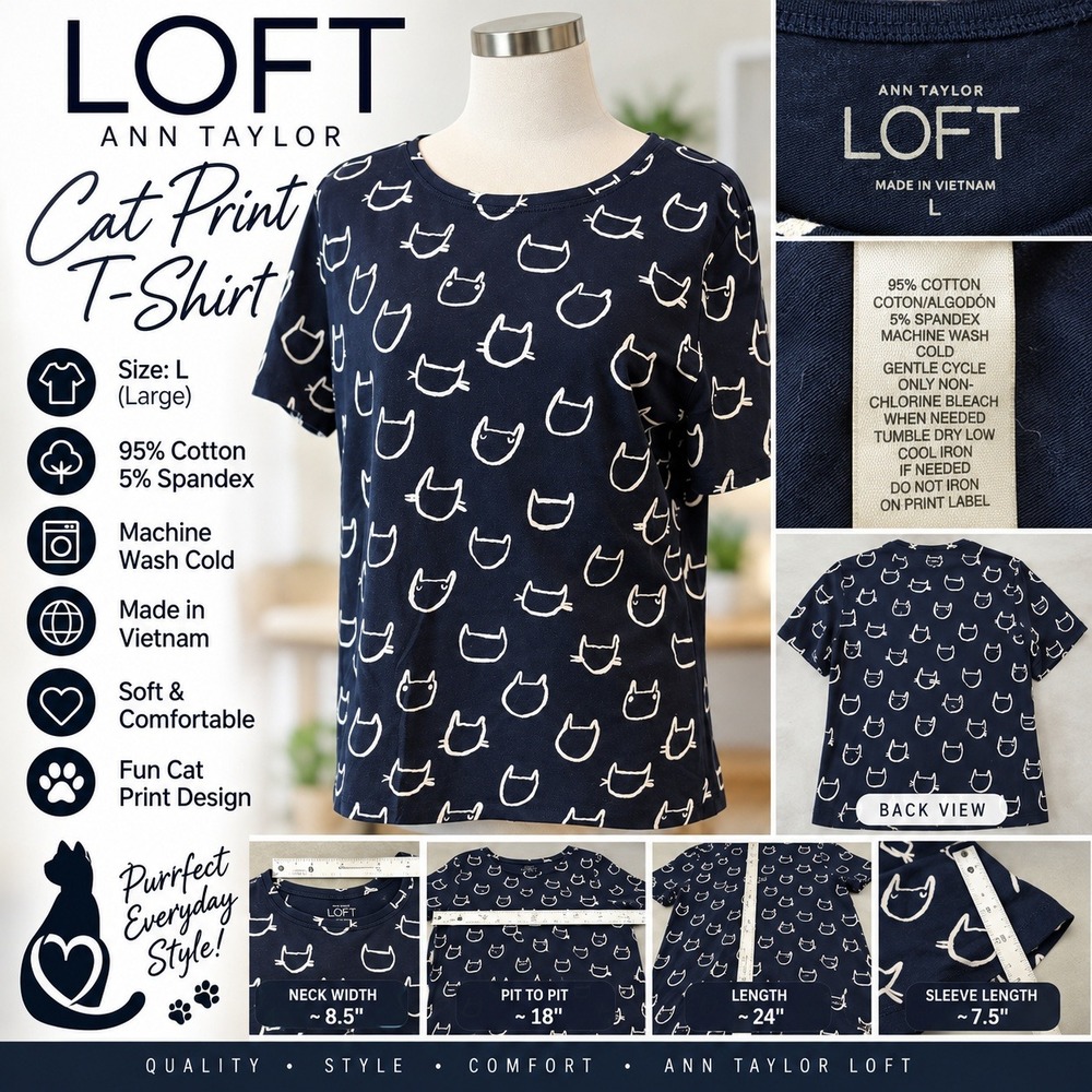 LOFT Ann Taylor Navy Blue Cat Print T-Shirt Womens Large Cotton Stretch Tee